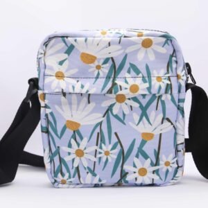 daisy flower crossbody bag with vibrant print, waterproof impertex fabric, lightweight and compact