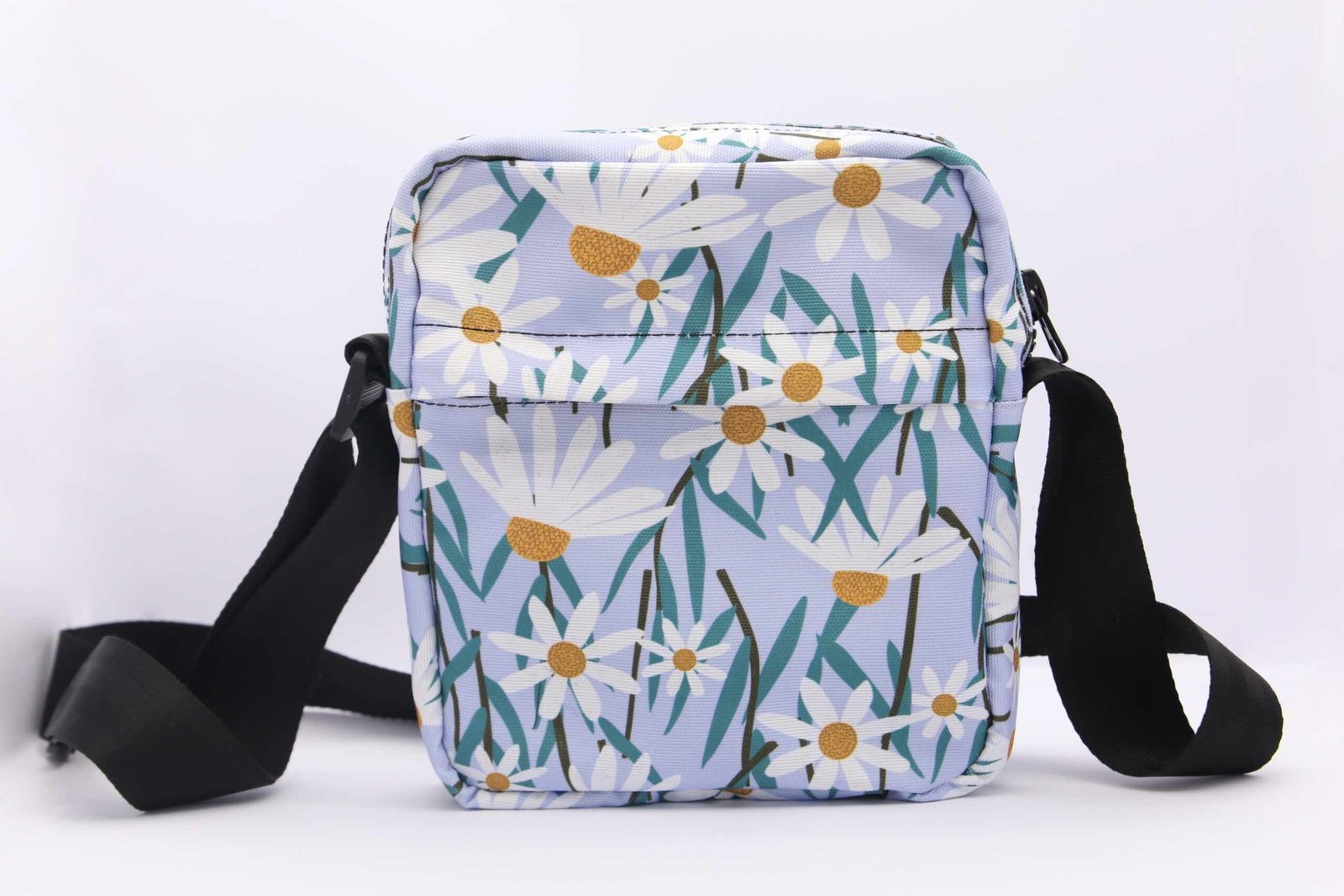 daisy flower crossbody bag with vibrant print, waterproof impertex fabric, lightweight and compact